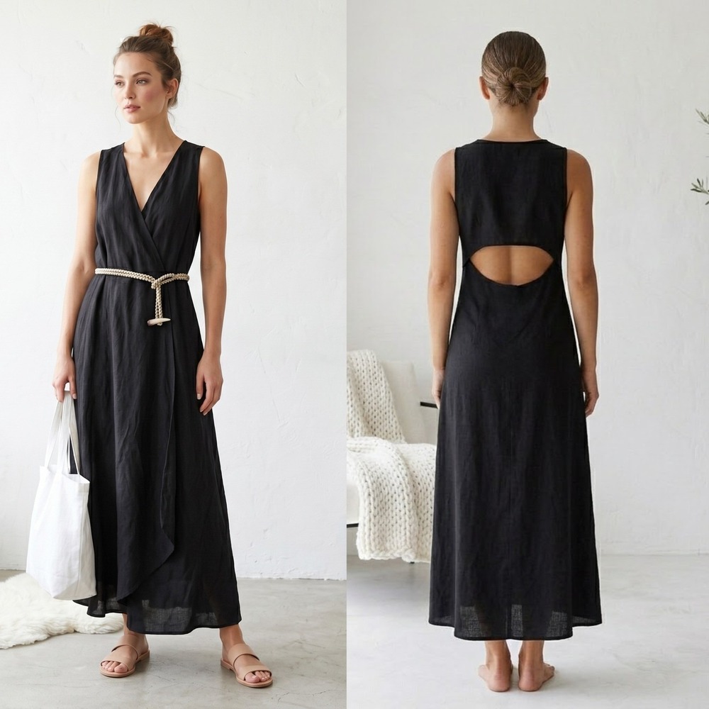 ViX Paula Hermanny Maxi Dress S Black Linen Blend Cutout Back‎ Braided Rope Belt